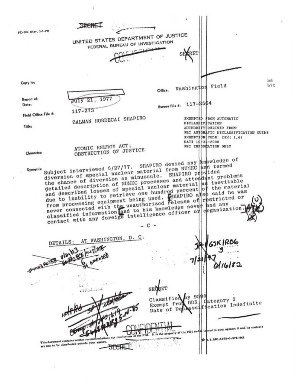 Declassified FBI report, Washington Field Office, dated July 21, 1977. Subject: Zalman Mordecai Shapiro. Character: Atomic Energy Act; Obstruction of Justice. The SECRET and CONFIDENTIAL classification stamps are struck through on release.